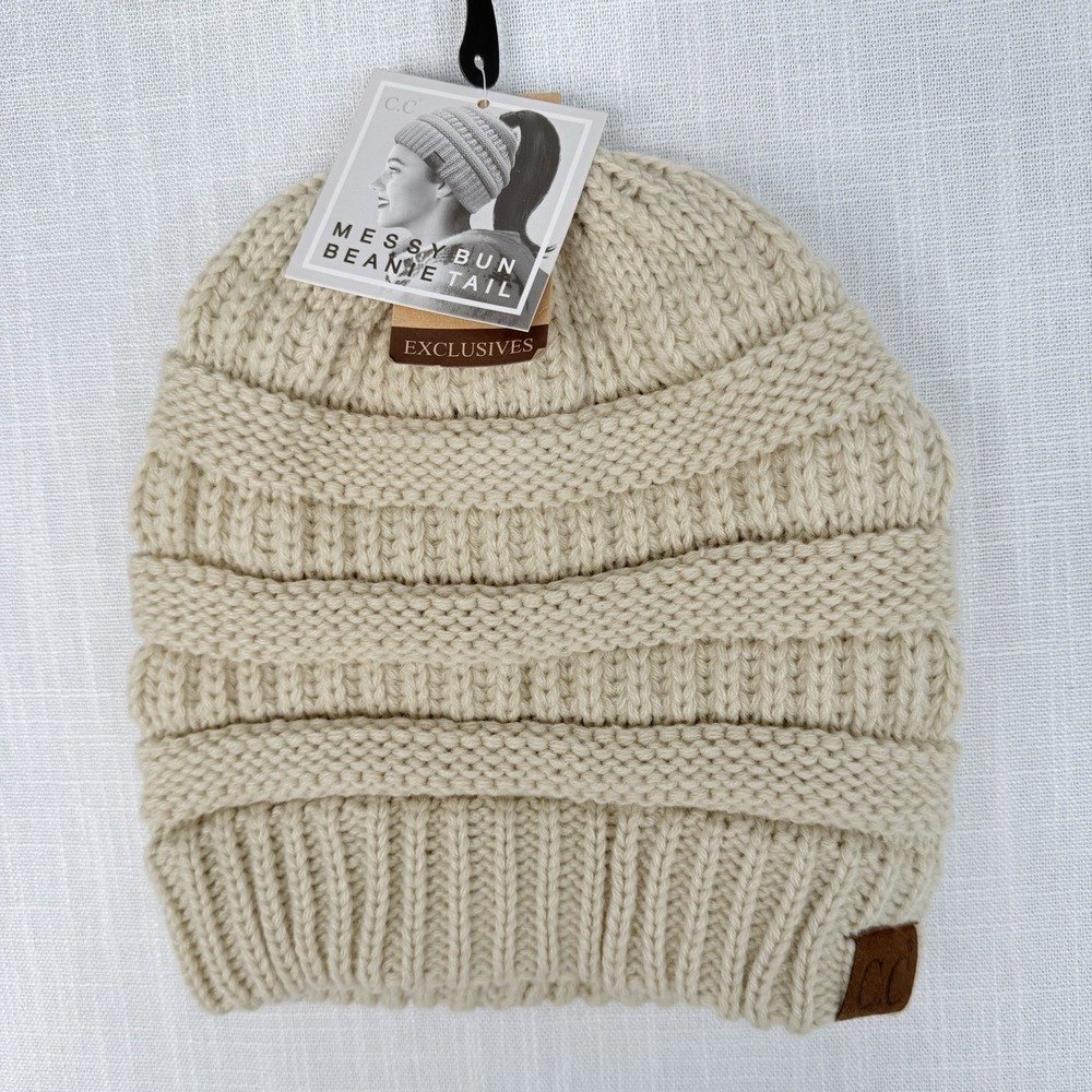 C.C BeanieTail Soft Stretch Cable Knit Messy High Bun Ponytail Beanie Hat
